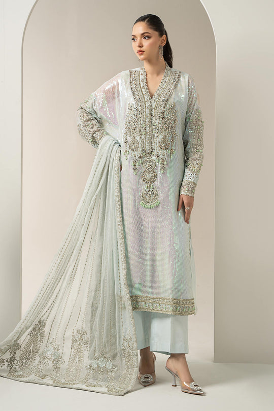 3 Piece Embroidered Chiffon Suit | BDS ice blue