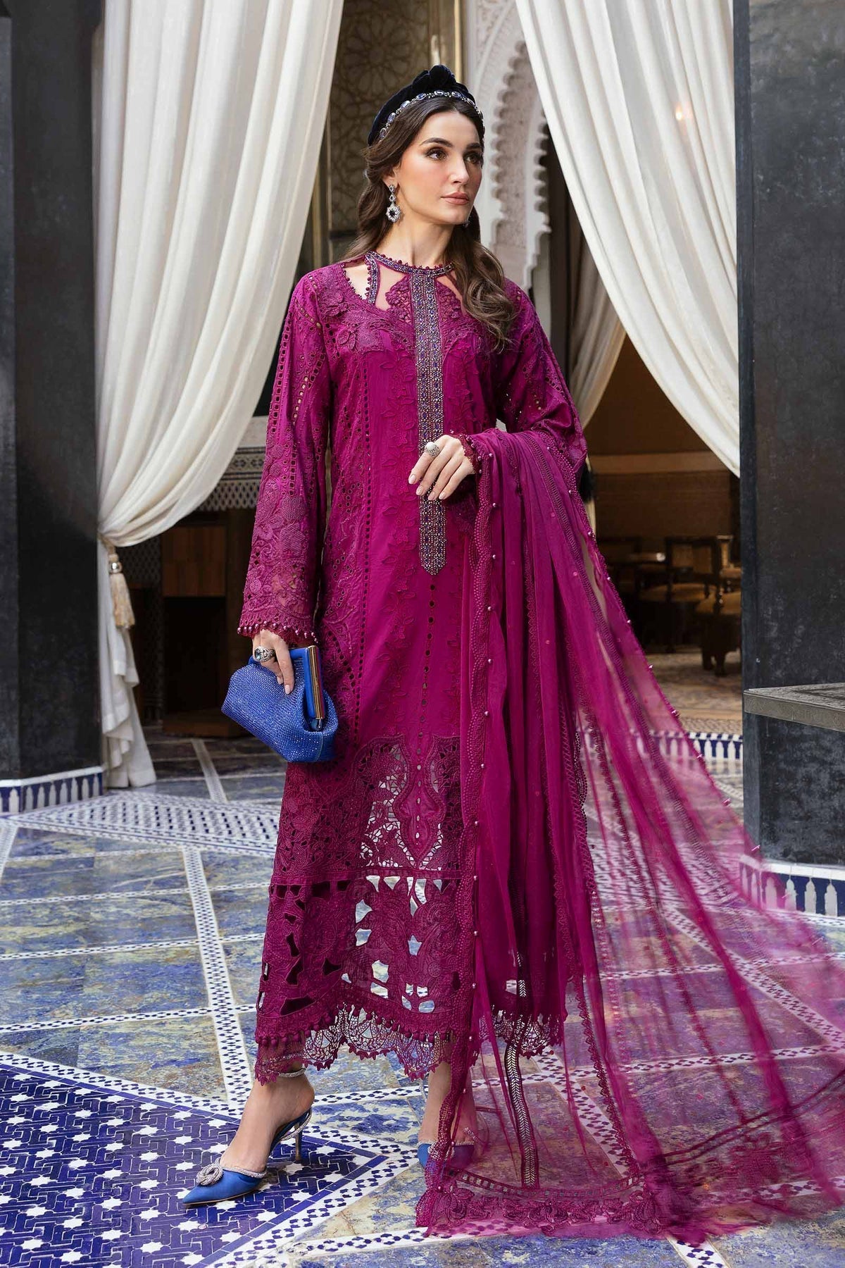 3 Piece Unstitched Embroidered Lawn Suit - D-2502-magenda