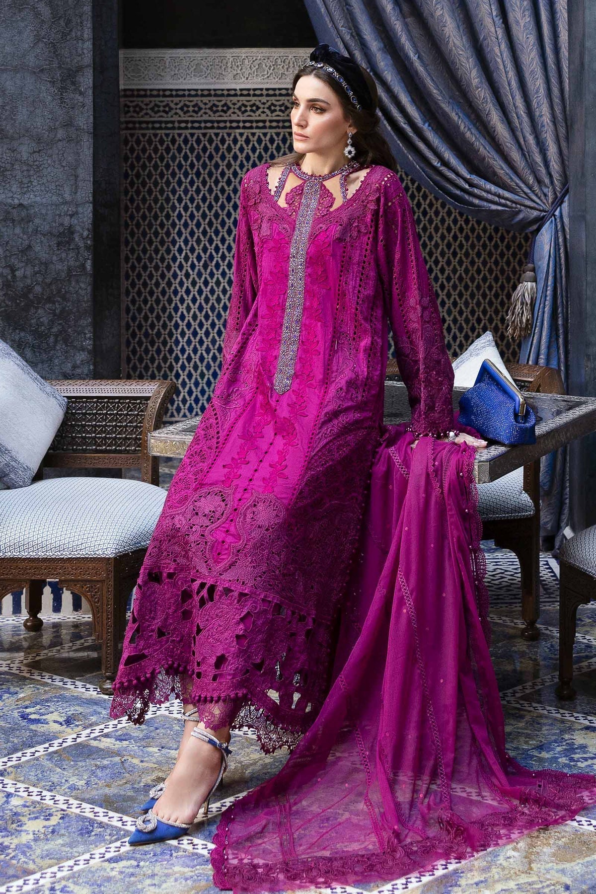3 Piece Unstitched Embroidered Lawn Suit - D-2502-magenda