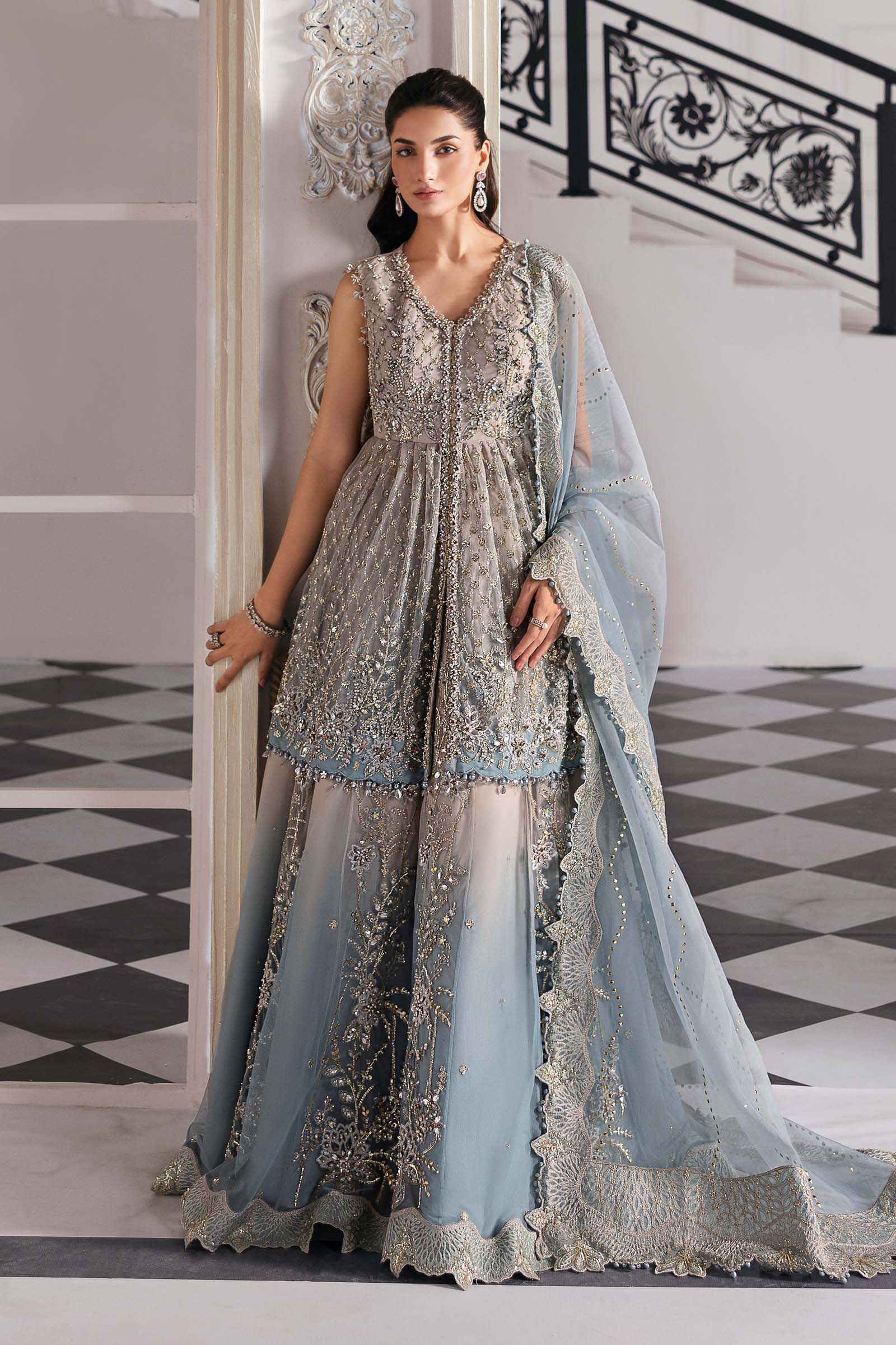 Piece Unstitched Embroidered Net Suit | BD-3002 coffe to aqua
