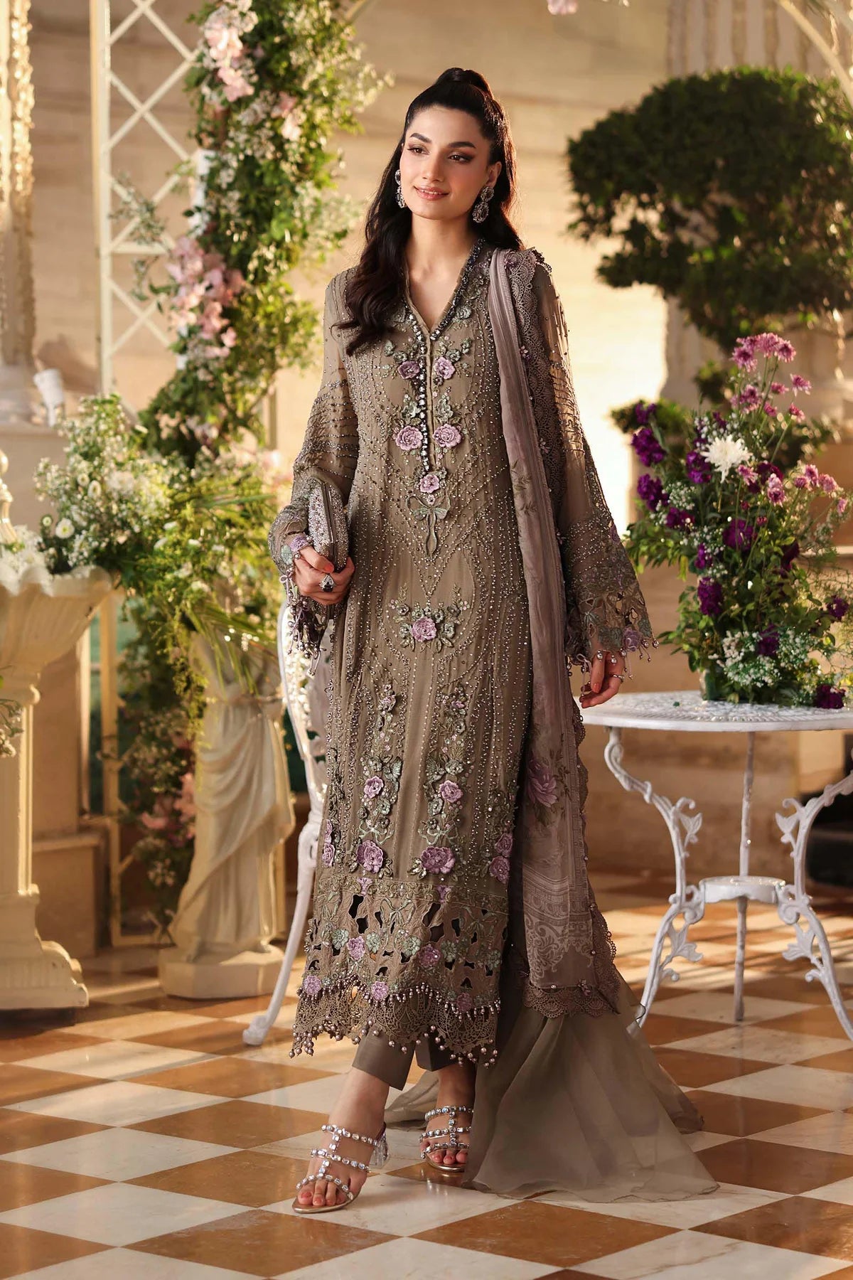 Maria B Luxury Pure Chiffon Embroidered Unstitched 3PC Suit brown