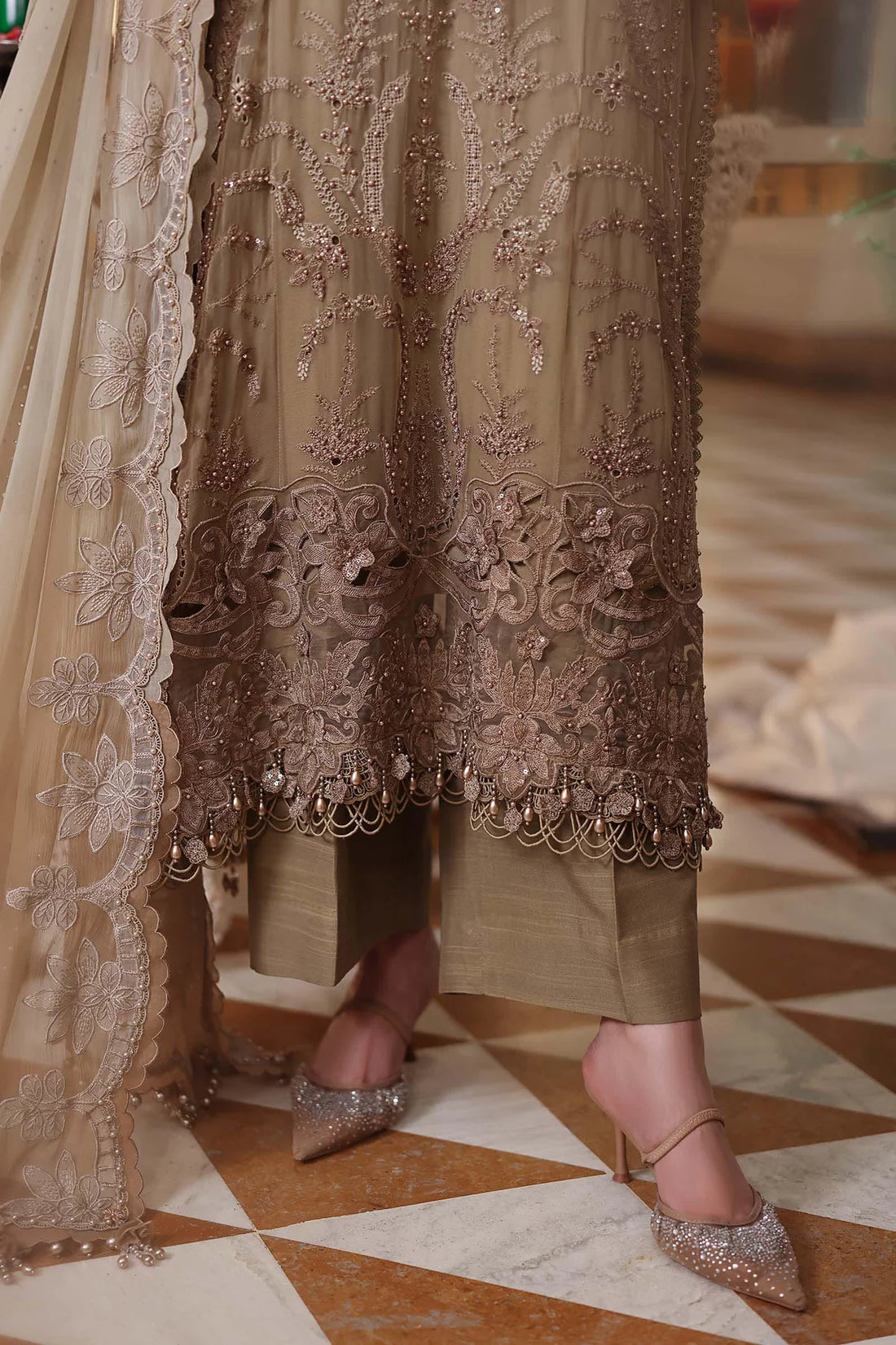 3 Piece Unstitched Embroidered Chiffon Suit COFFFE
