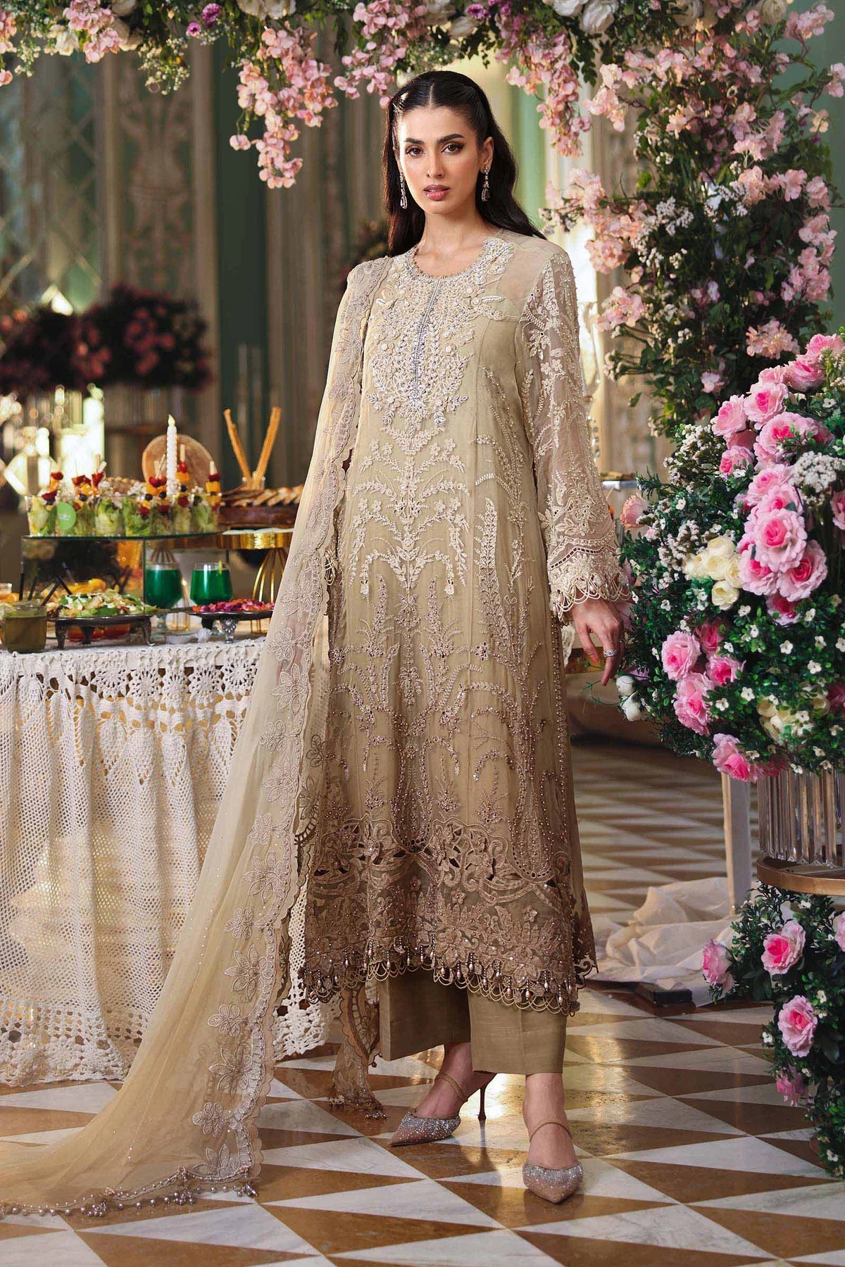 3 Piece Unstitched Embroidered Chiffon Suit COFFFE