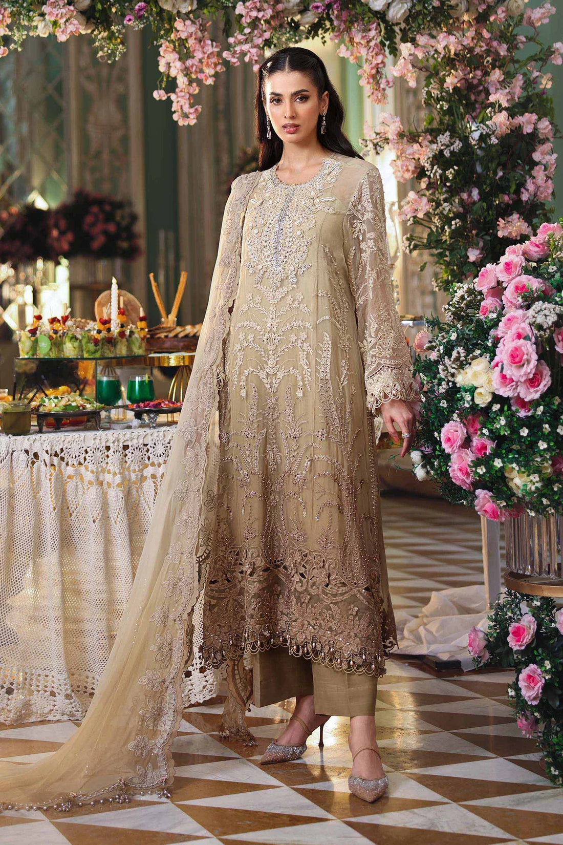 3 Piece Unstitched Embroidered Chiffon Suit COFFFE