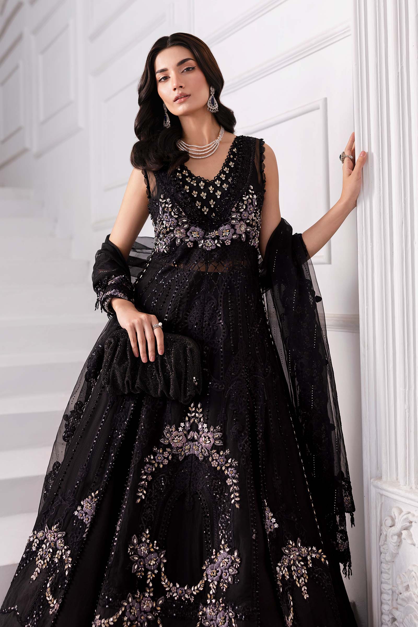 3 Piece Unstitched Embroidered Organza MC BLACK