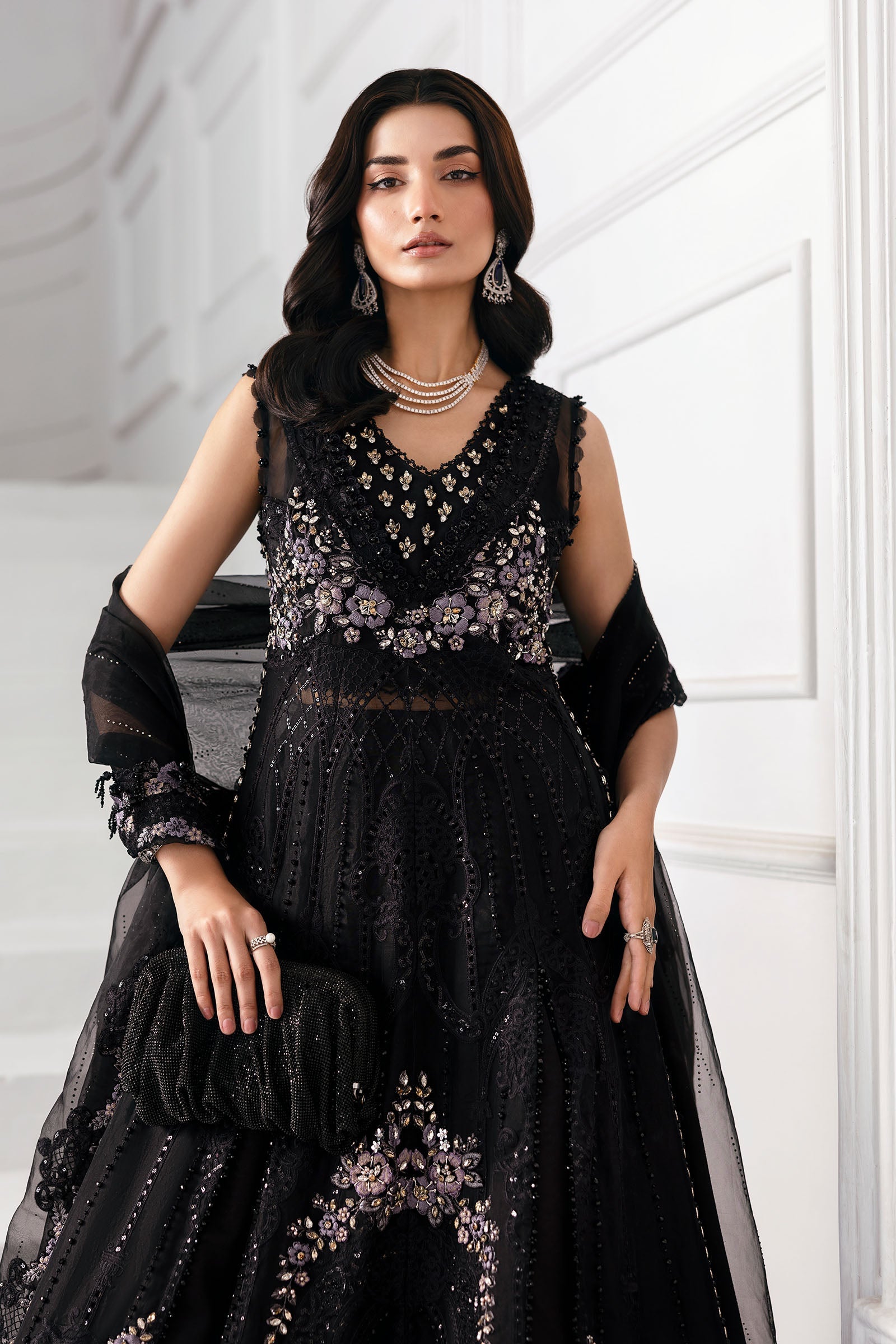 3 Piece Unstitched Embroidered Organza MC BLACK