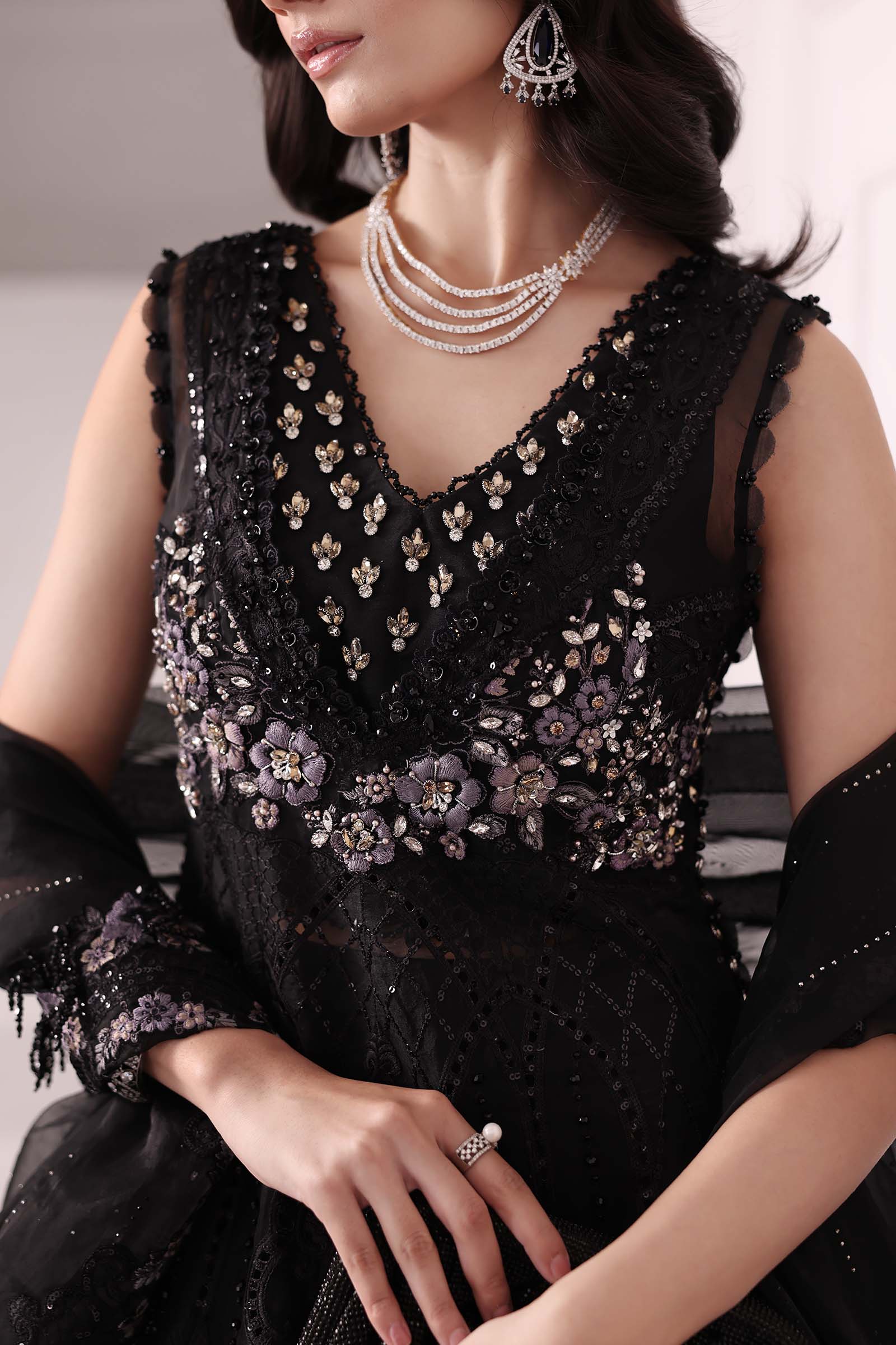 3 Piece Unstitched Embroidered Organza MC BLACK