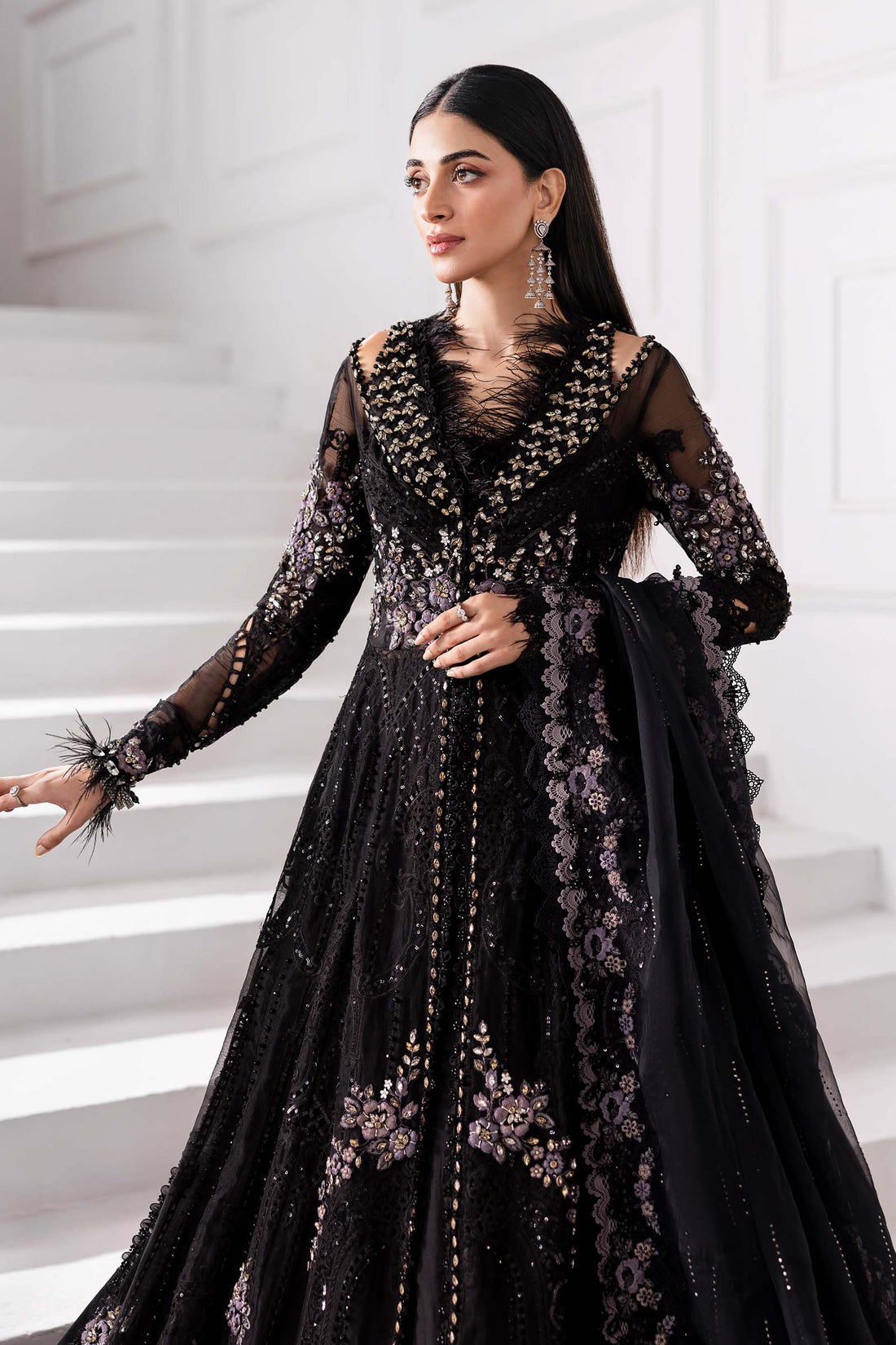 3 Piece Unstitched Embroidered Organza MC BLACK
