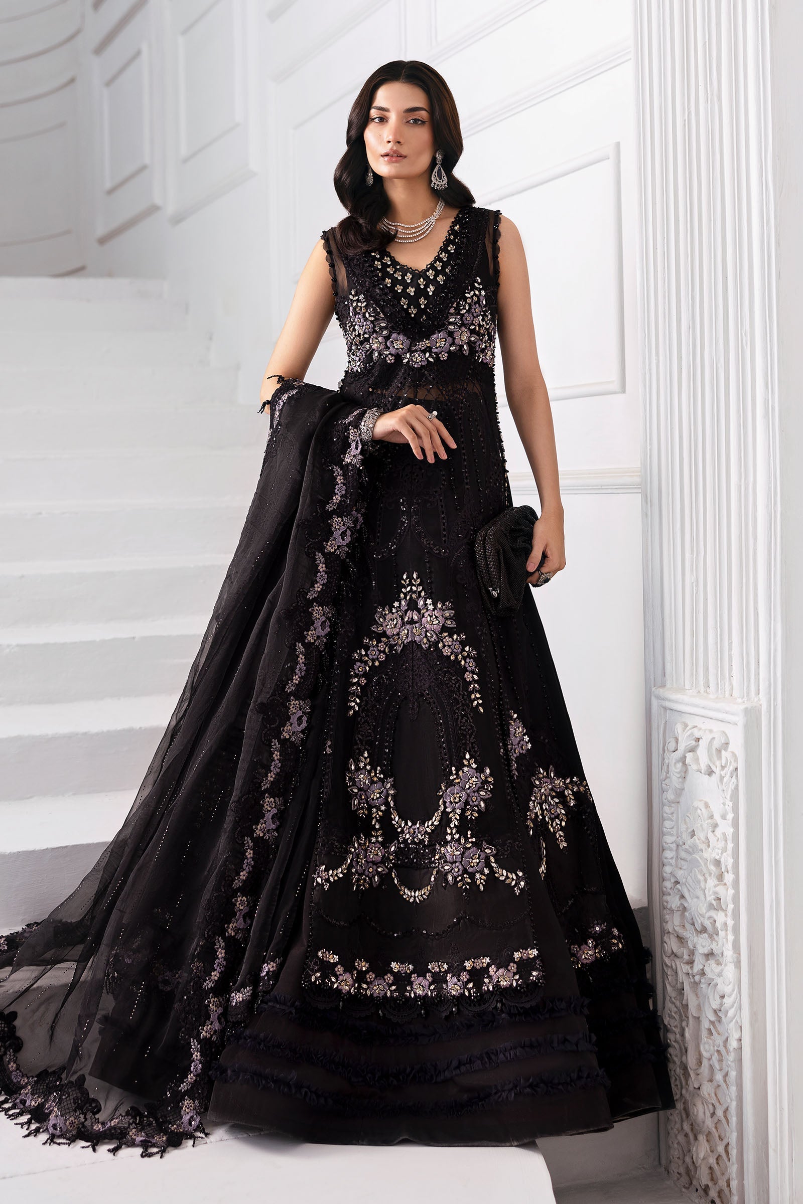 3 Piece Unstitched Embroidered Organza MC BLACK