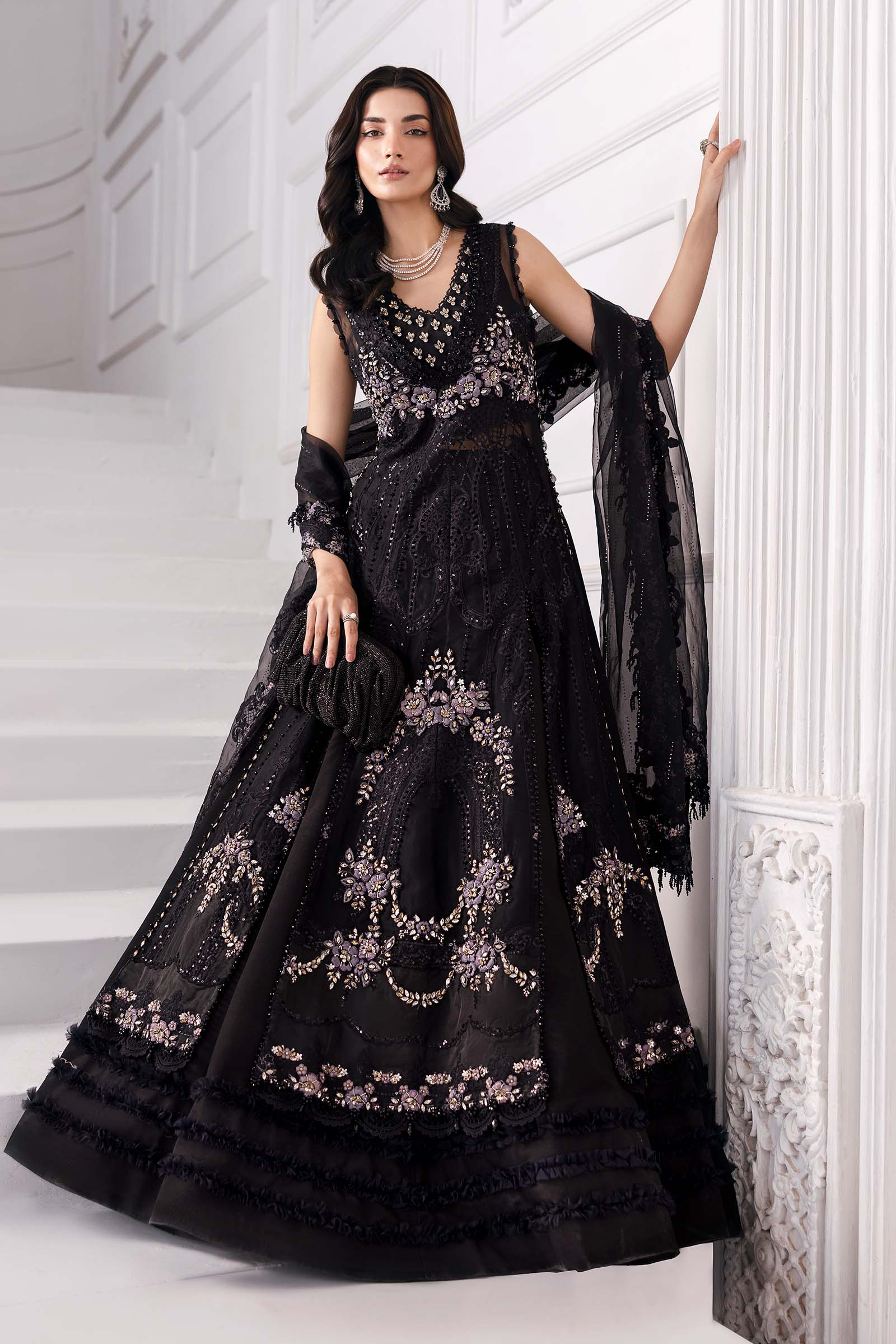 3 Piece Unstitched Embroidered Organza MC BLACK