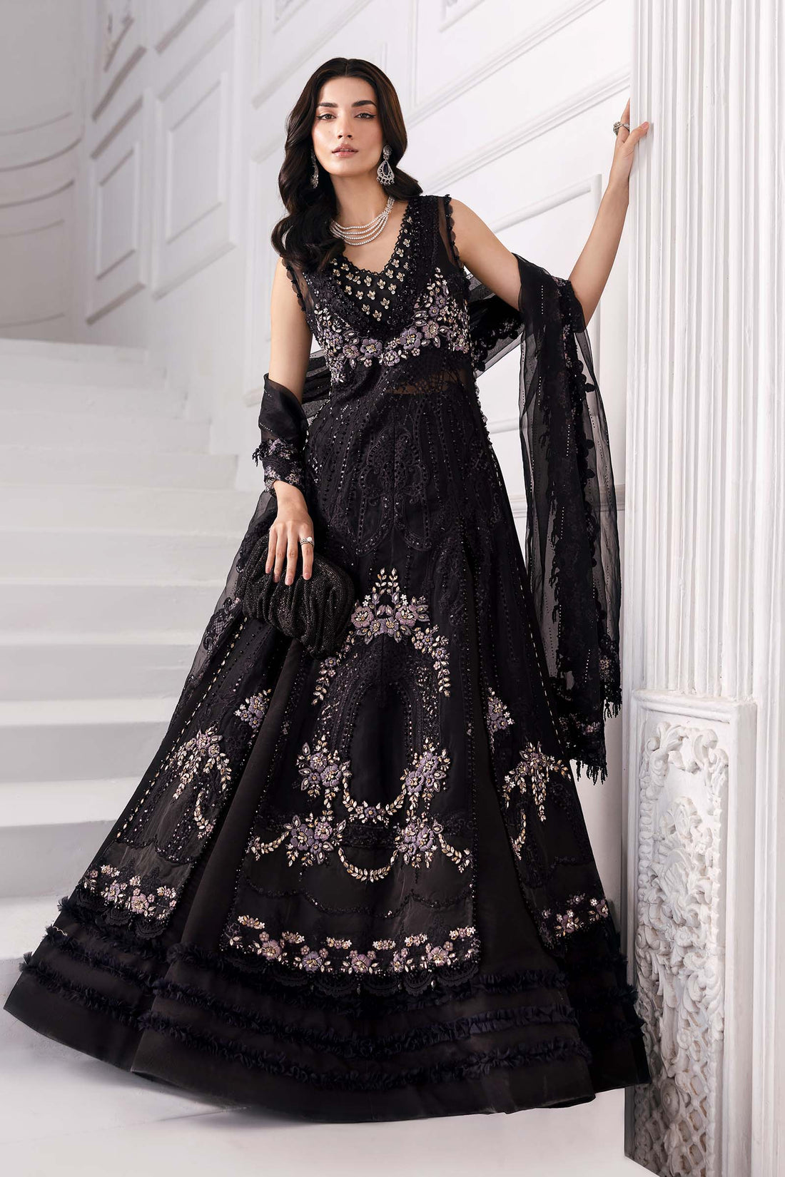 3 Piece Unstitched Embroidered Organza MC BLACK