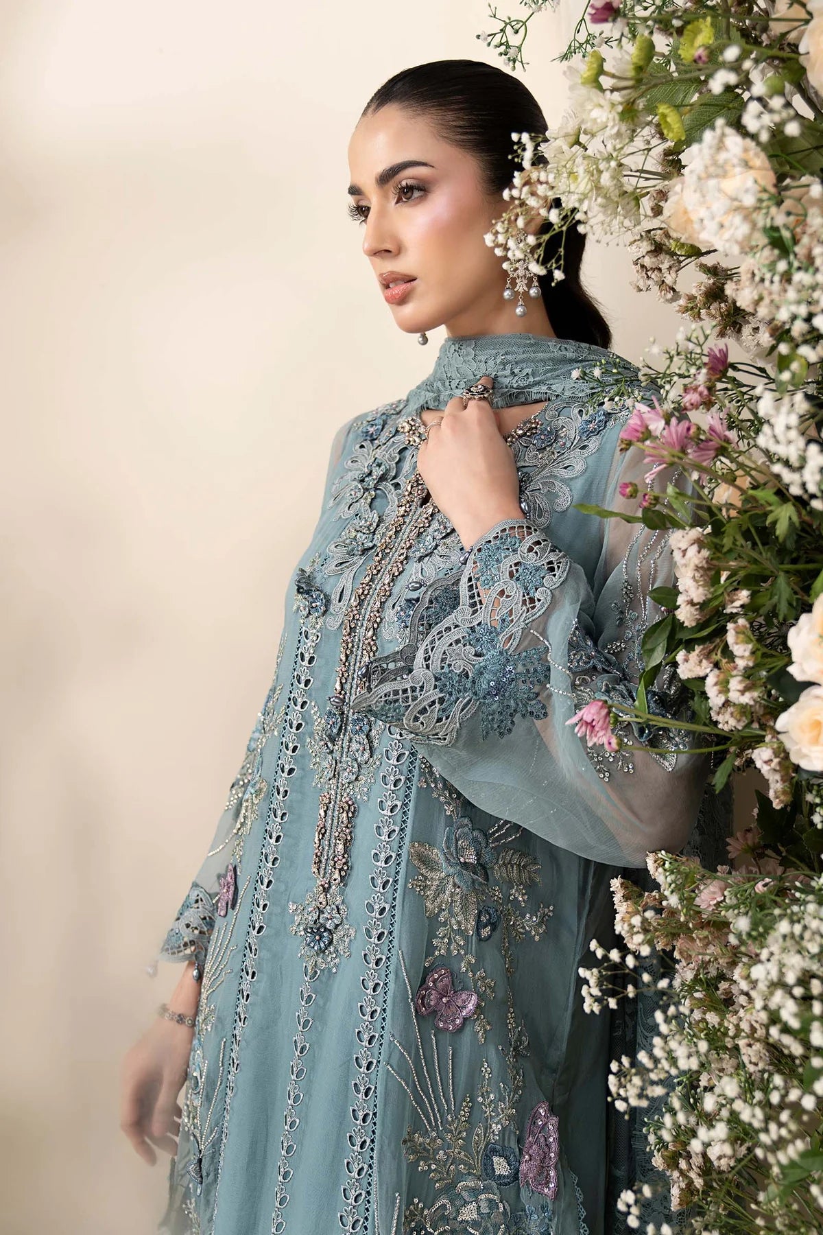 3 Piece Embroidered Chiffon Suit aqua
