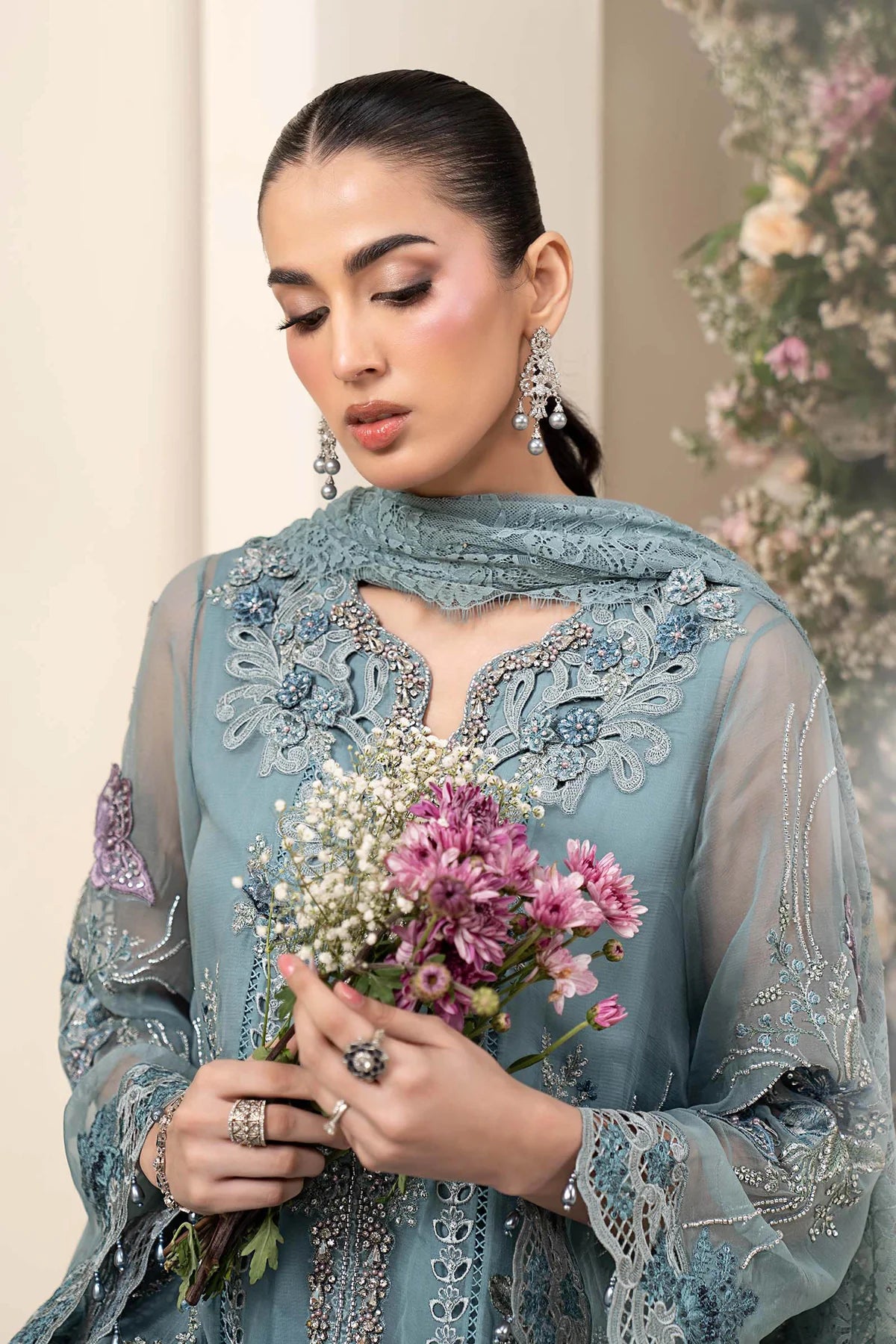 3 Piece Embroidered Chiffon Suit aqua