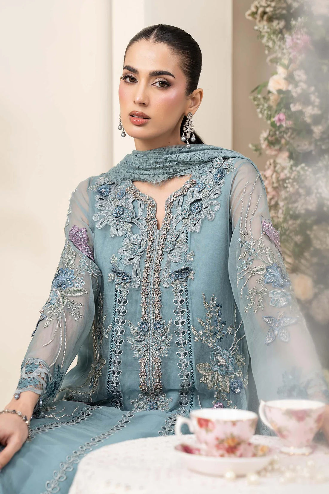 3 Piece Embroidered Chiffon Suit aqua