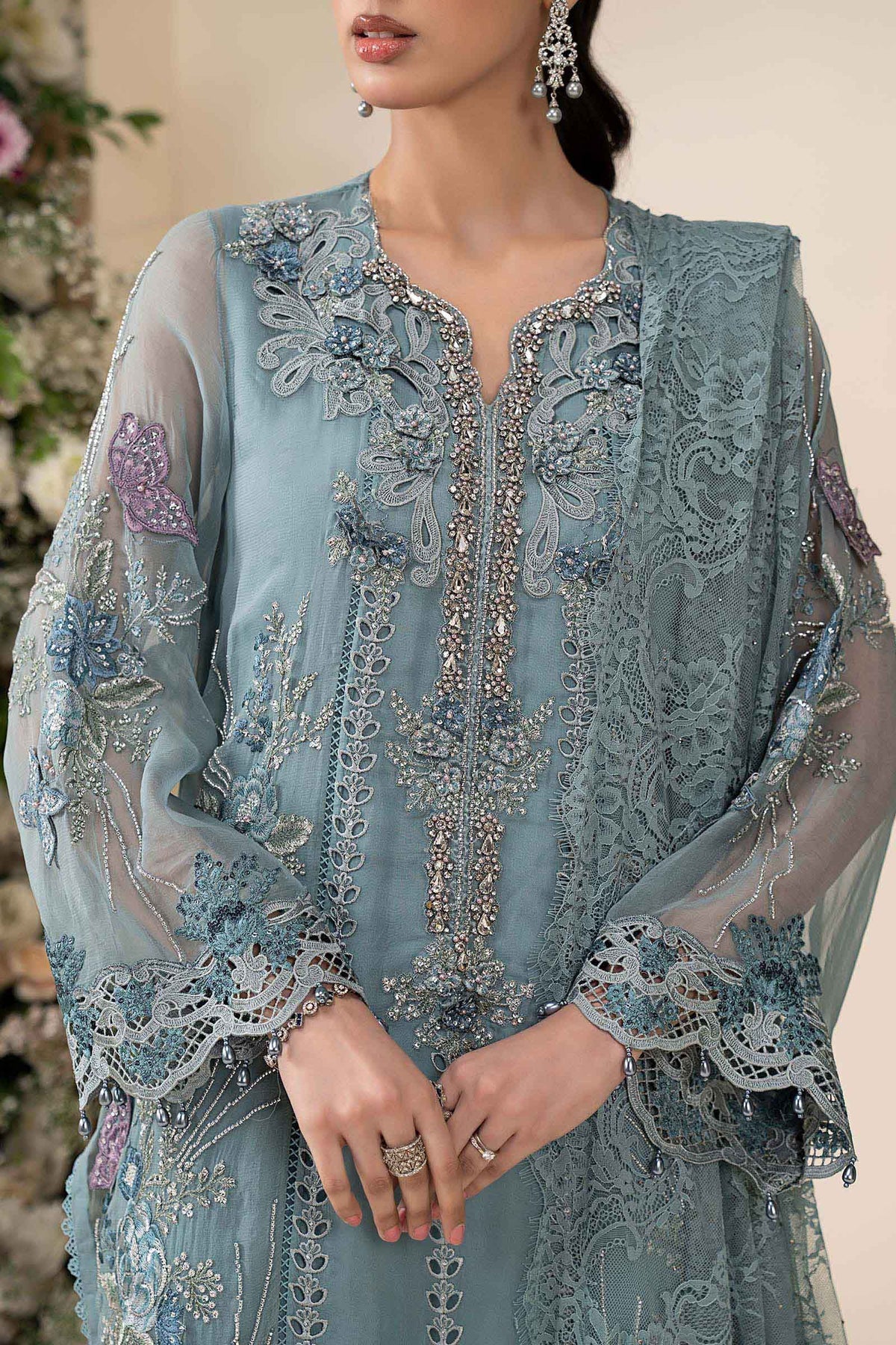 3 Piece Embroidered Chiffon Suit aqua