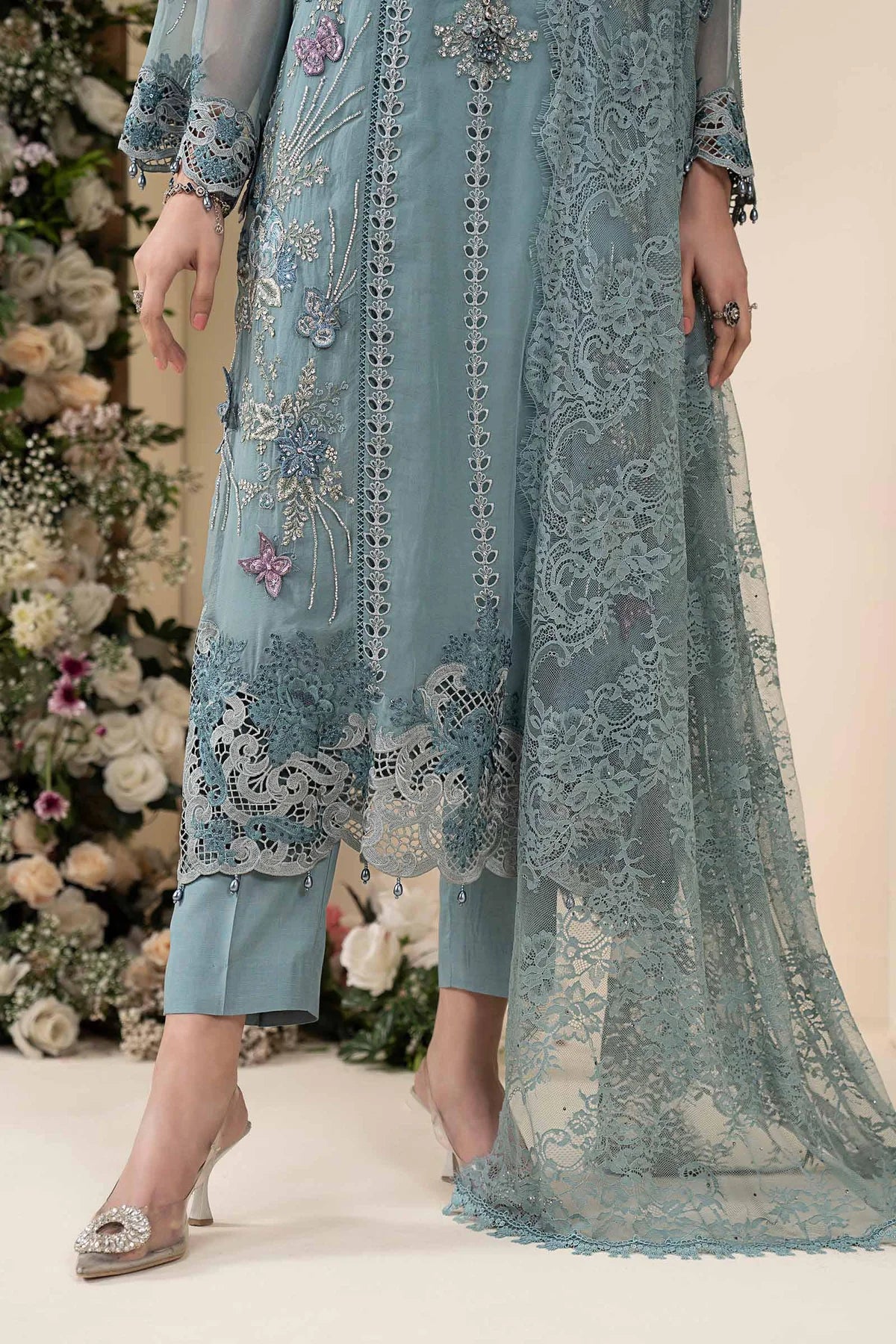 3 Piece Embroidered Chiffon Suit aqua