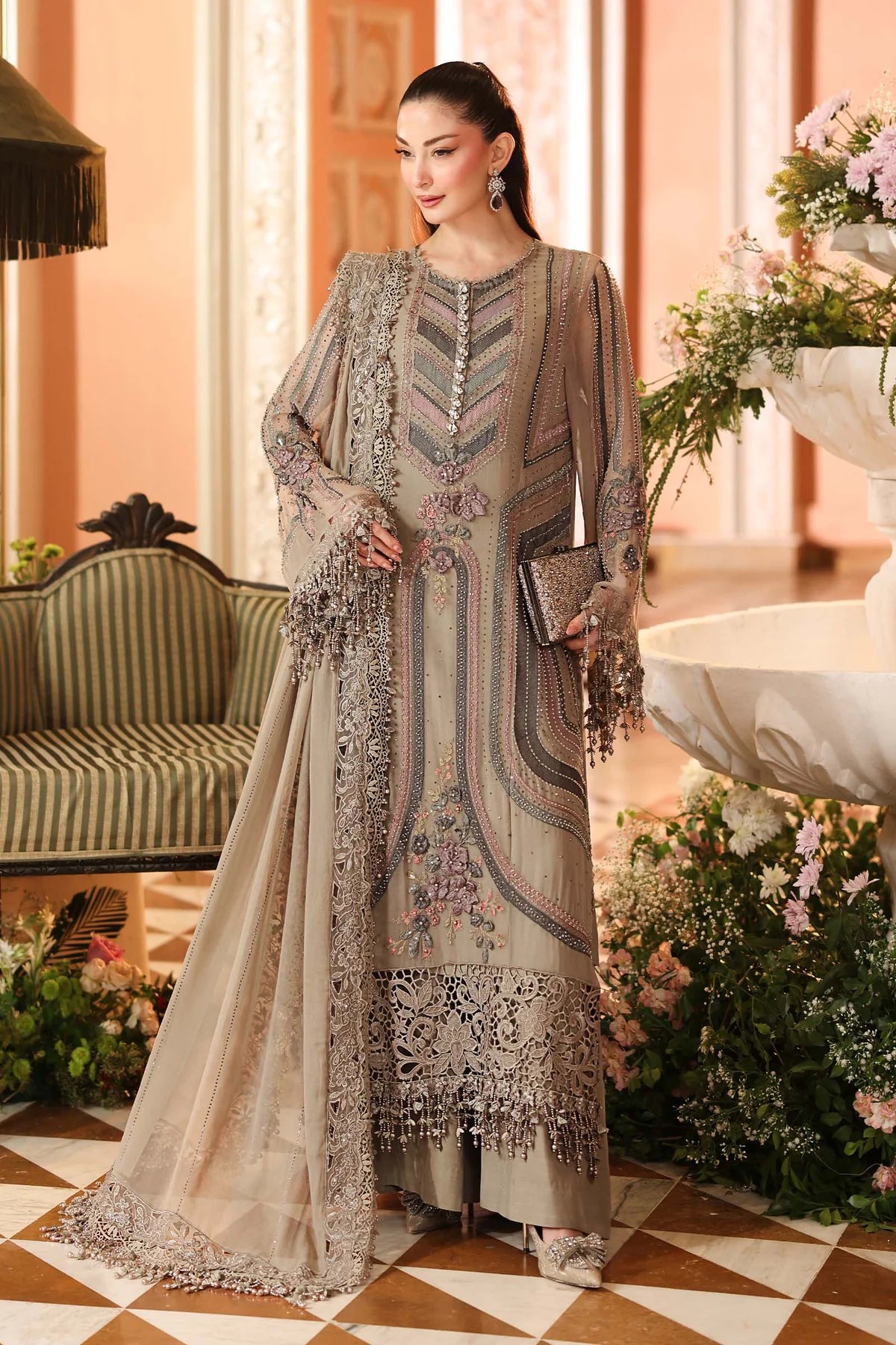 3 Piece Unstitched Embroidered Chiffon Suit MOUSE GRAY