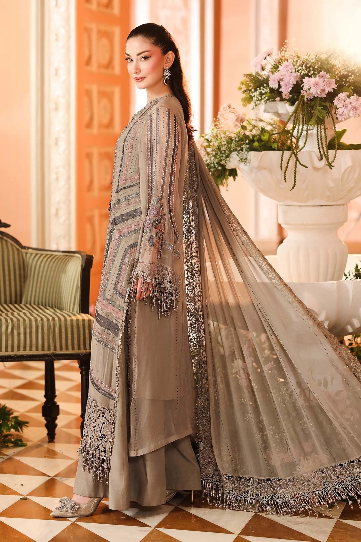 3 Piece Unstitched Embroidered Chiffon Suit MOUSE GRAY