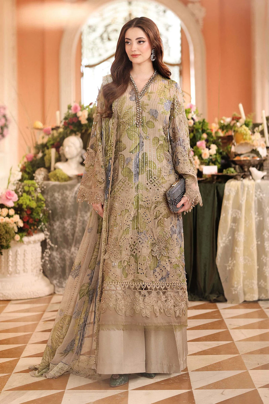 Embroidered Chiffon Suit coffee