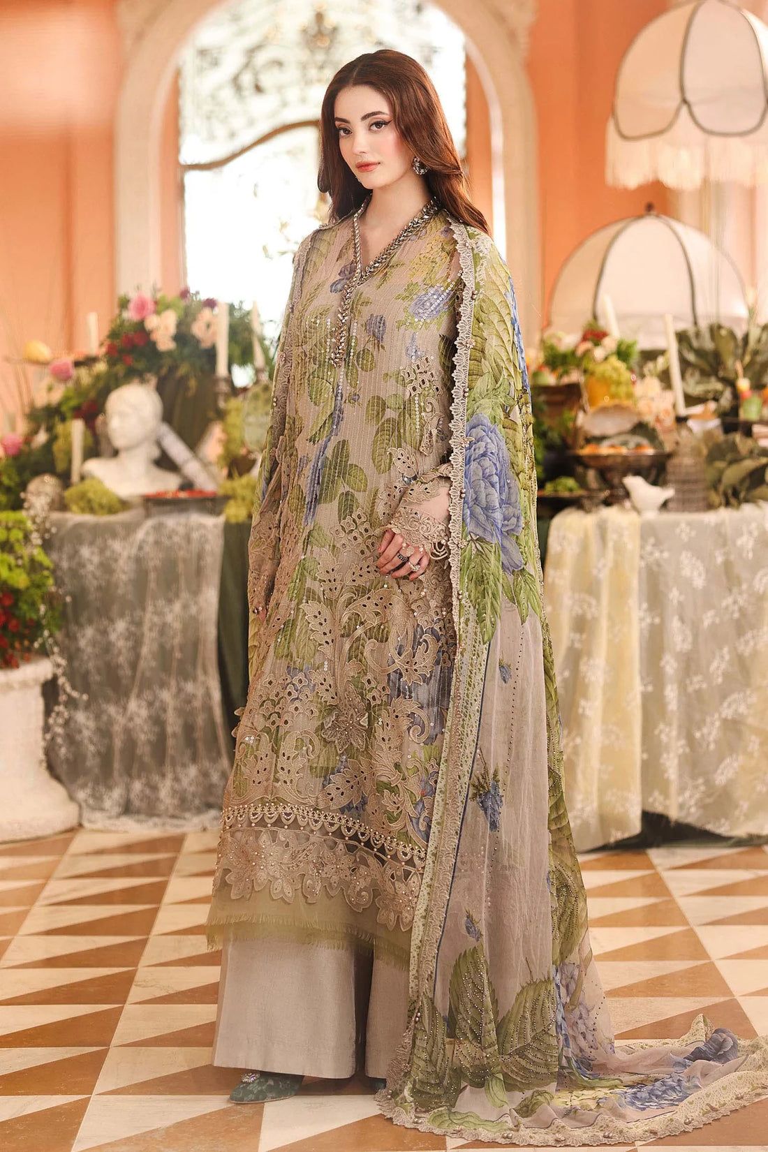 Embroidered Chiffon Suit coffee
